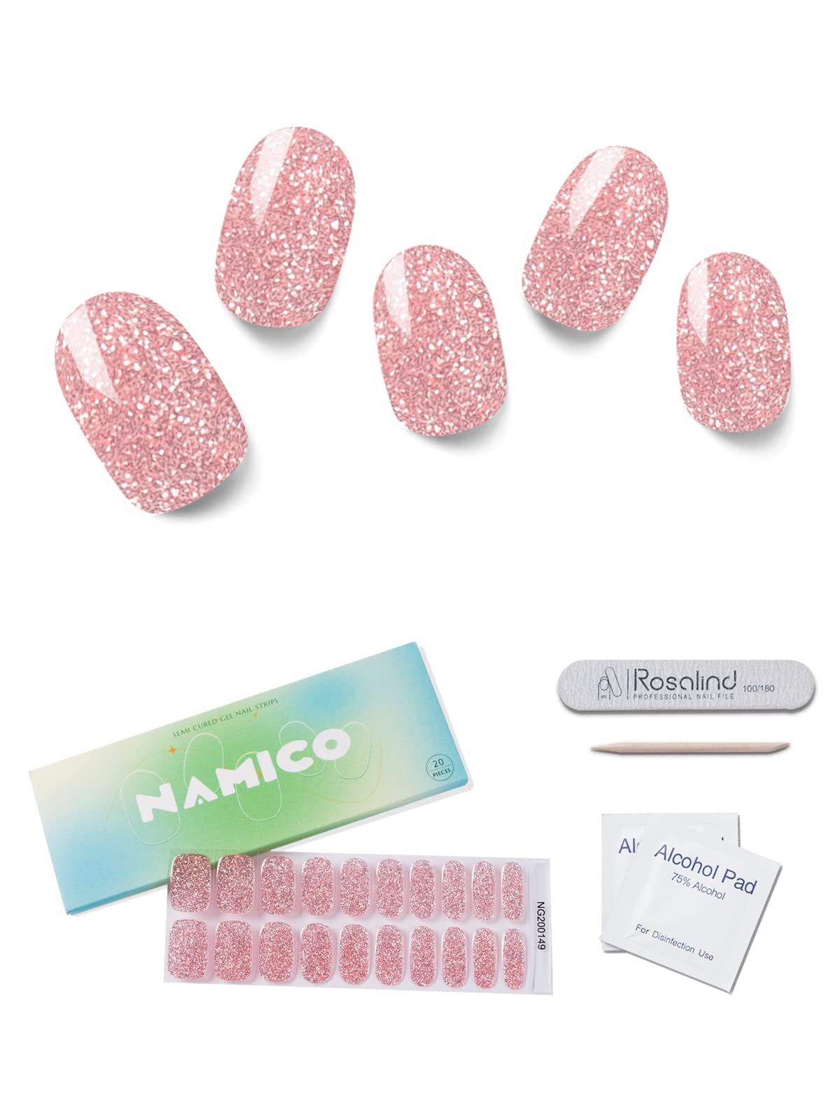Semi Cured Gel Nail Strips,20 pcs Gel Nail Stickers, Glaze Gel Nail Strips, Easy to Use Long Lasting Salon Quality Nail Wraps, Includes Prep Pads, Nail File & Wood Stick (Pink Sequins)