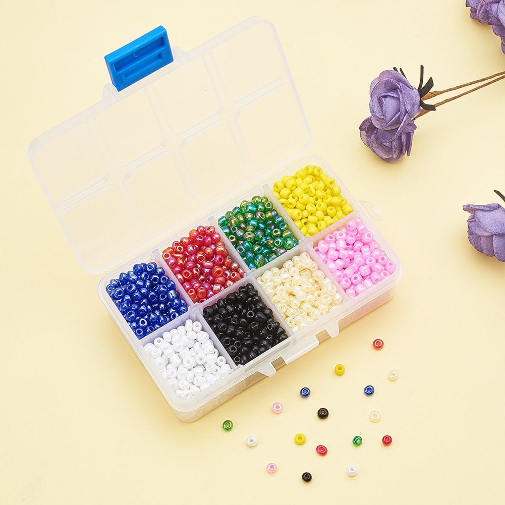 Pandahall About 1900Pcs 6/0 Glass Seed Beads 4mm 8 Colors Round Loose Spacer Beads Mixed Colors for Bracelet Necklace Jewelry Making