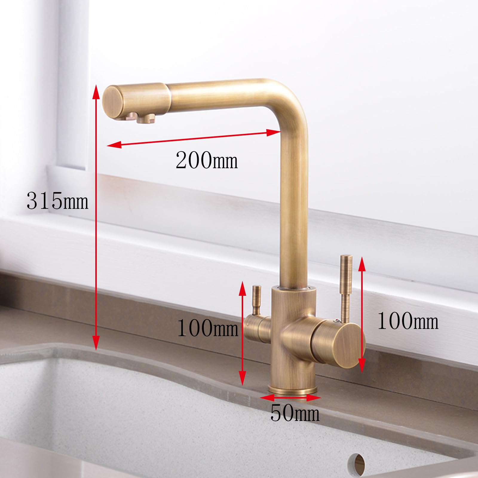 Robinet de Filtre à 3 Voies pour évier de Cuisine, Robinet de Filtre à Eau à 3 Voies, Robinet d'évier de Cuisine pivotant à 360 ° en Laiton Antique 3 en 1
