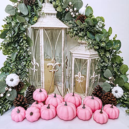 12 Pcs Assorted Small Artificial Pink Pumpkins Decorative Pumpkins Pink Foam Pumpkins for Gifts Fall Wedding Baby Shower Halloween Thanksgiving Table Centerpiece Mantel Shelf Farmhouse Decor