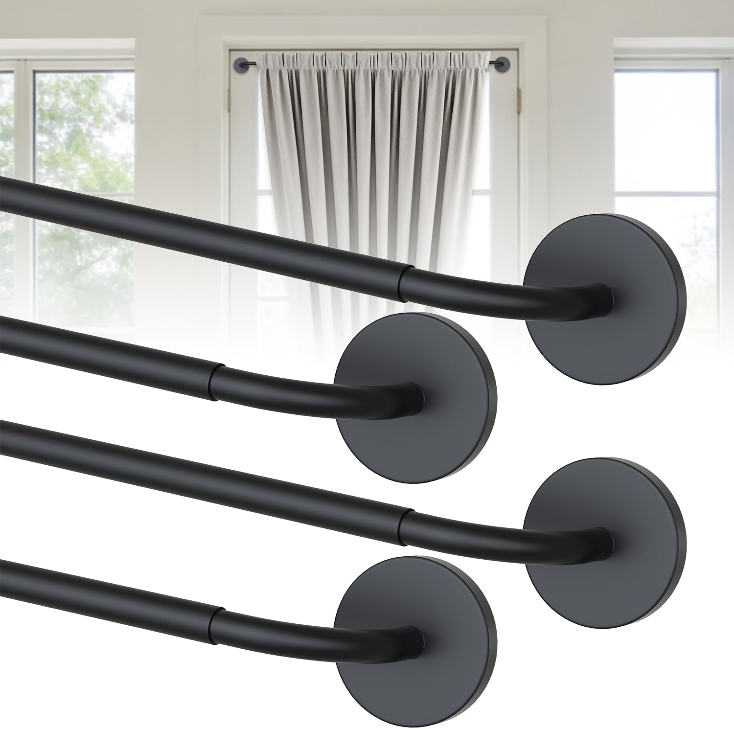 4 Pack Magnetic Curtain Rod for Metal Doors, French Door Curtain Rods Adjustable 18-30 Inch, 1/2 Inch Diameter, Magnetic Metal Door Curtain Rods, Strong Magnetism Easy Install No Tools, Black