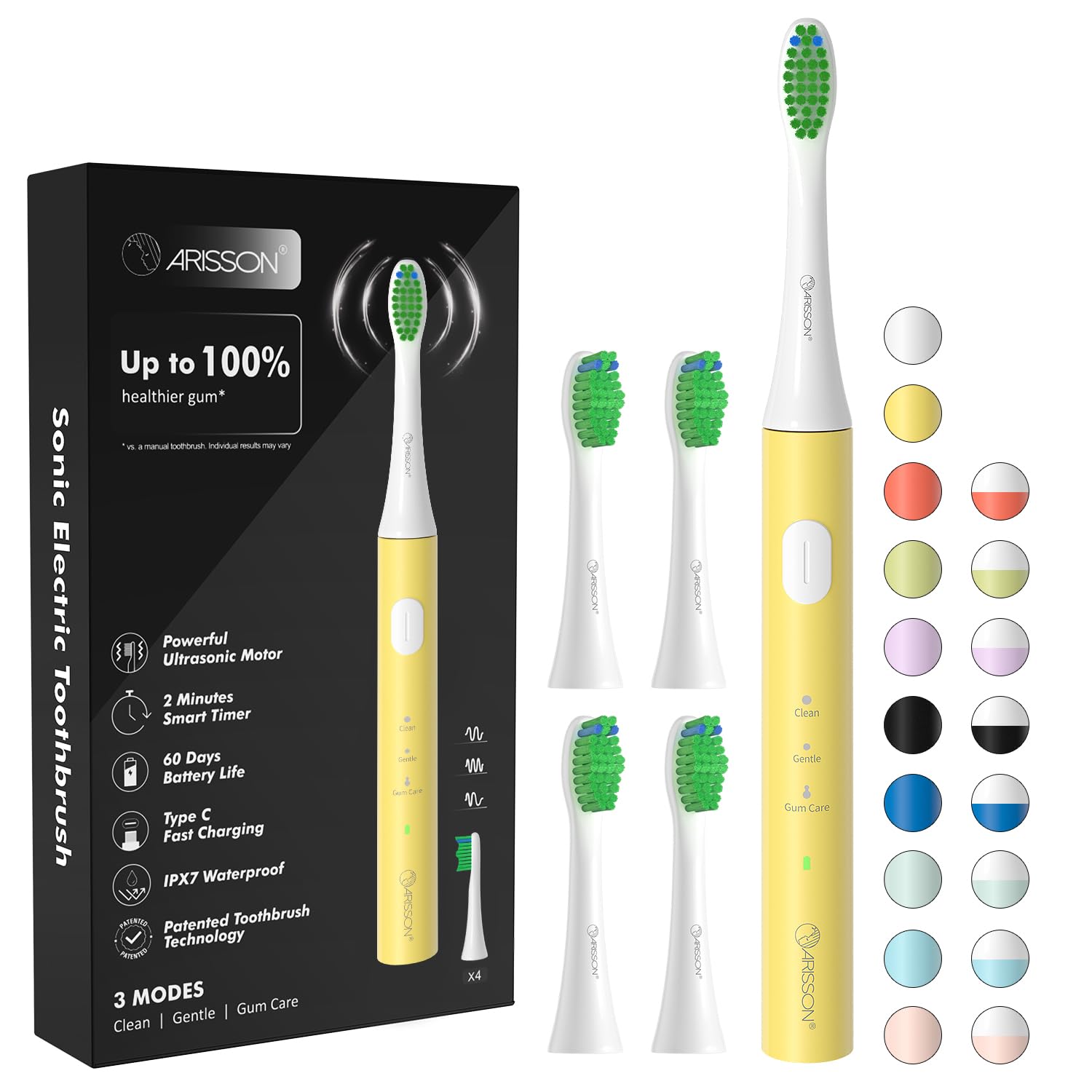 Arisson Sonic Electric Toothbrush for Adults and Kids with 4 Brush Heads, Type C Fast Charging, 40,000 VPM, 3 Mode with 2 Minutes Smart Timer, 1.6 Oz-White on New Corn-image-42