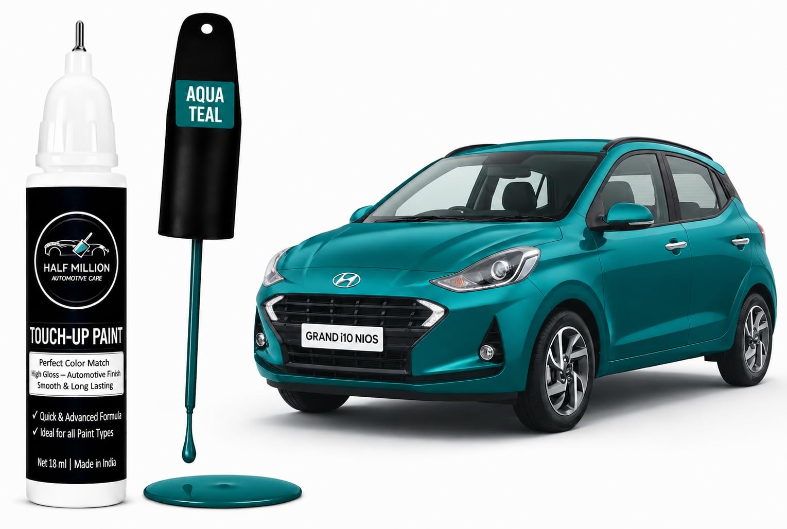 HALF MILLION® Car Touch Up Paint Pen for Hyundai Grand i10 NIOS Aqua Teal (UU3) | Factory Color Matched 2K Paint Technology | Car Scratch Remover & Paint Chip Repair | Quick Dry | Rust Protection | 18ml-image-4