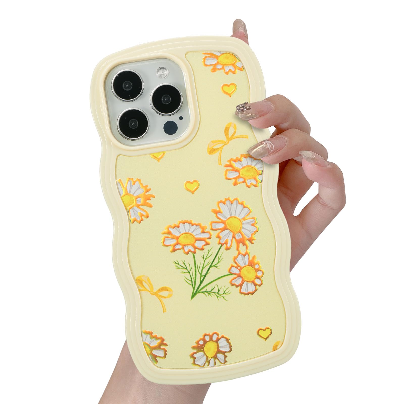 UEEBAI for iPhone 14 Pro Max Case, Floral Wave Frame Cute Curly Anti-slip Flower Case with Aesthetic Pattern