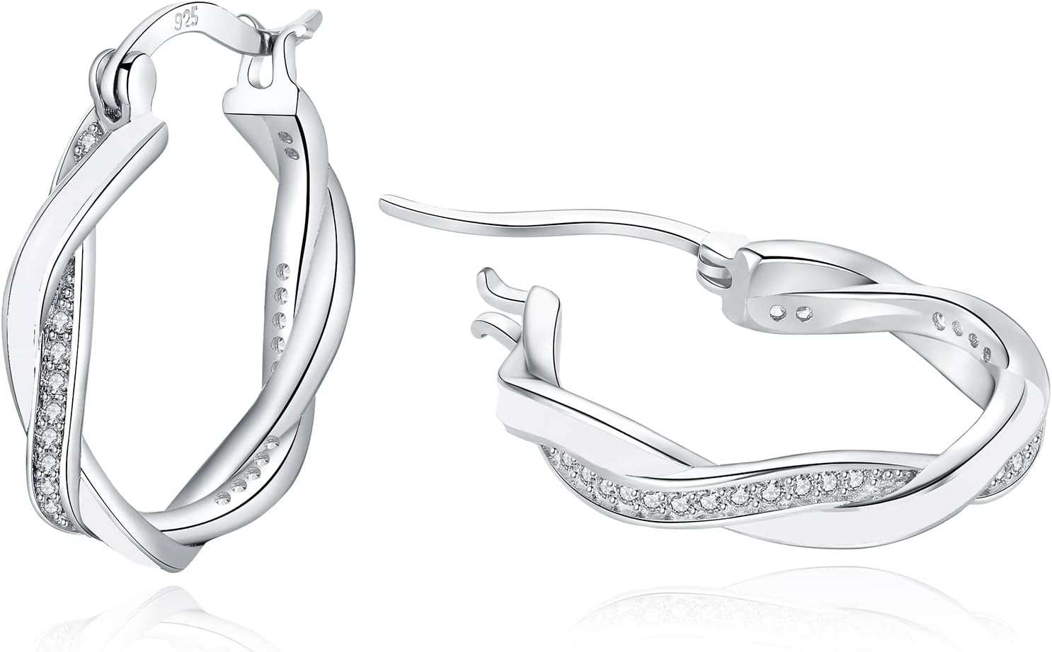 Silver Hoop Earrings for Women Girls, Sterling Silver Hoops Sleeper Huggies Earrings, Hypoallergenic Twist Earring Cubic Zirconia Jewellery Gift, Gold/Rose Gold/Blue/Black/Red - 15/20mm