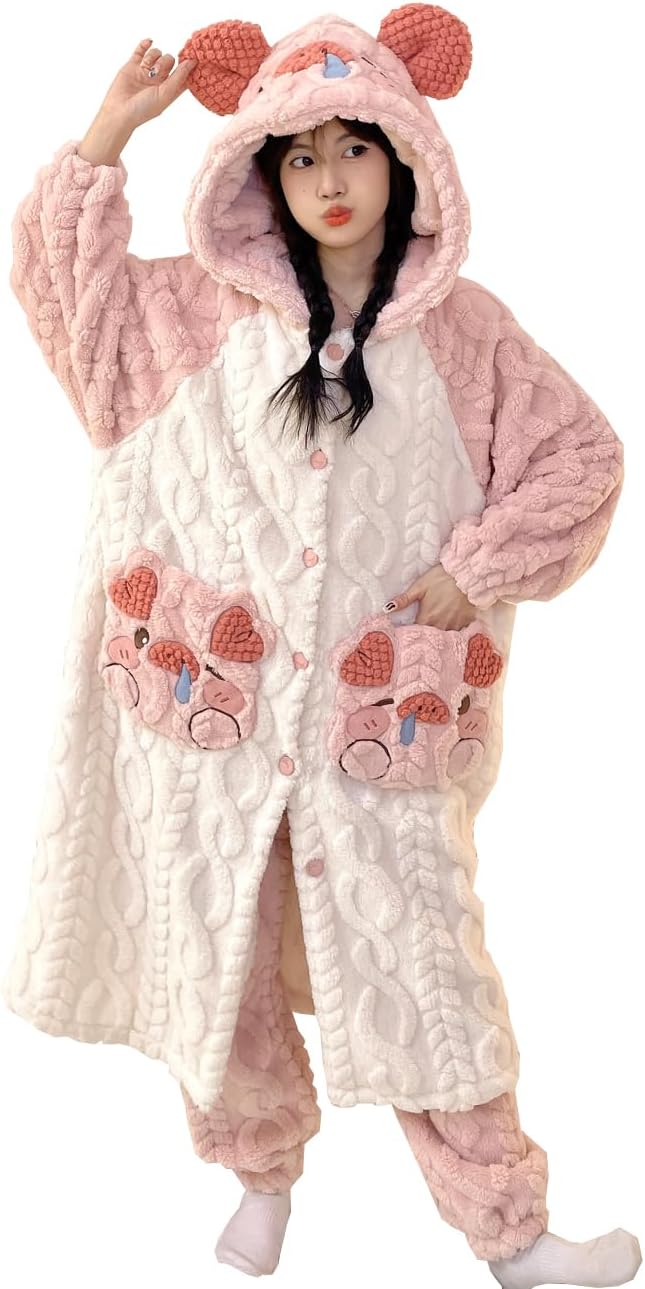Brrioe Women's button bathrobe hoodie coat plush warm pajamas Long with cute Kawaii pattern pocket pajamas and trousers Sets