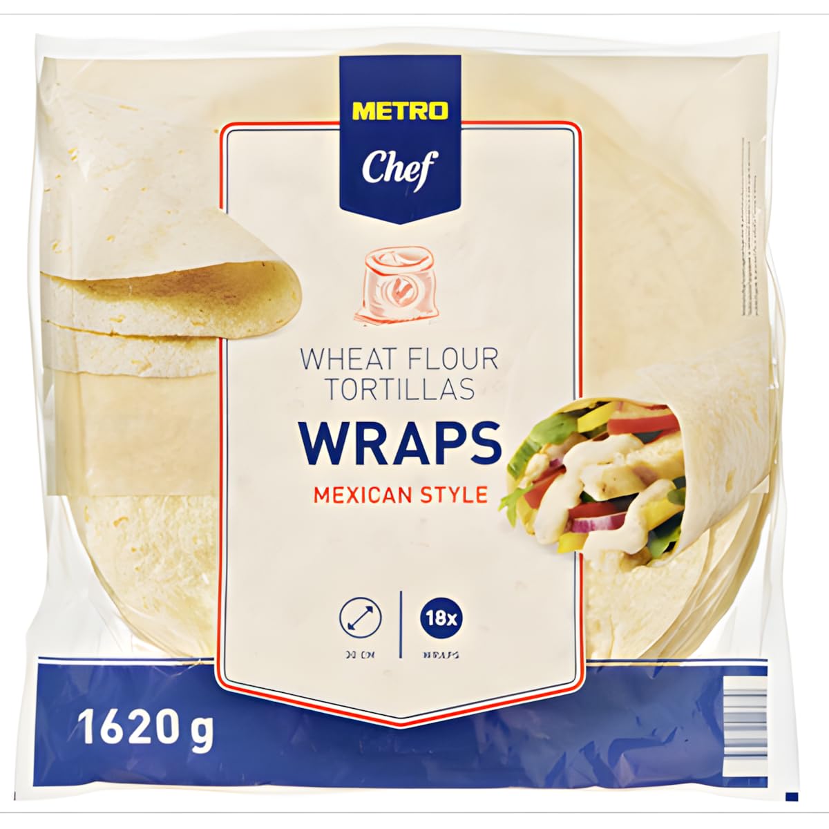 METRO Chef Tortilla Wraps Mexicanos Chef – Tortillas de Trigo 30cm, Suaves y Flexibles, Ideales para Burritos, Fajitas y wraps -| (6 PAQUETES, Wraps 30cm Contiene 18 Unidades (1620 g aprox.))