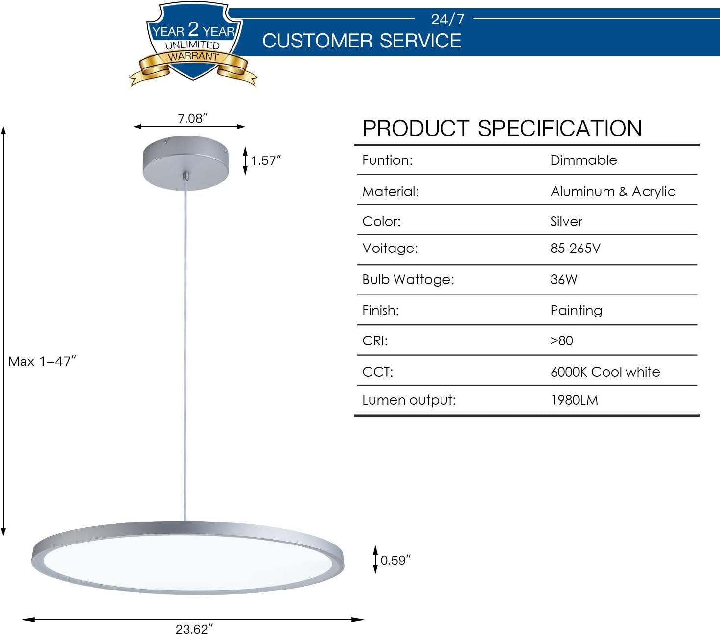 MADEM Modern LED Pendant Light 23.6'' Disc Chandelier Hanging Lighting Fixture with Acrylic Shape Dimmable Contemporary Chandelier 6000K for Office Dining Room Meeting Room Kitchen Island, Silver