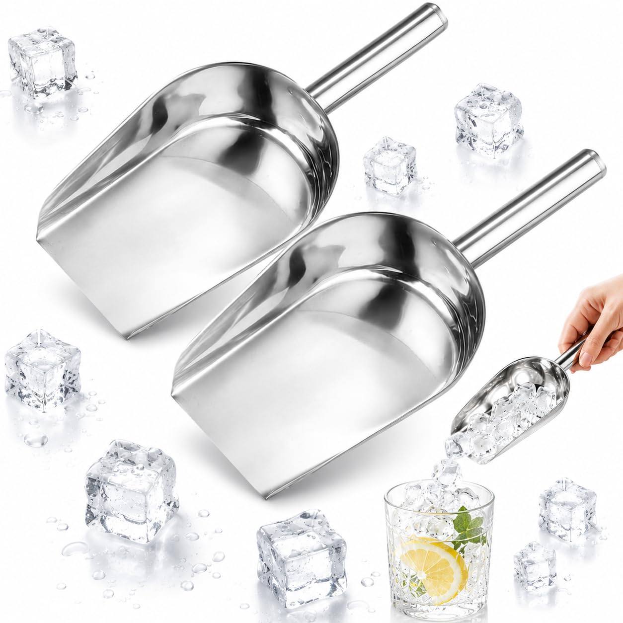 Homoyoyo 2Pcs Stainless Steel Ice Scooper: Flat Bottom Stainless Steel Spatula Grain Soy Nuts Rice Scoop Pet Feed Feeding Scoop Flour Spoon Shovel Silver Ice Cube Shovel Kitchen