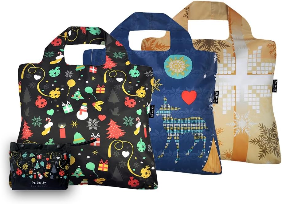 Envirosx Reusable Bags Full Pouch Foldable Shopping Bags Set of 3 Winter Designs Multicolored Washable