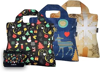 Envirosx Reusable Bags Full Pouch Foldable Shopping Bags Set of 3 Winter Designs Multicolored Washable