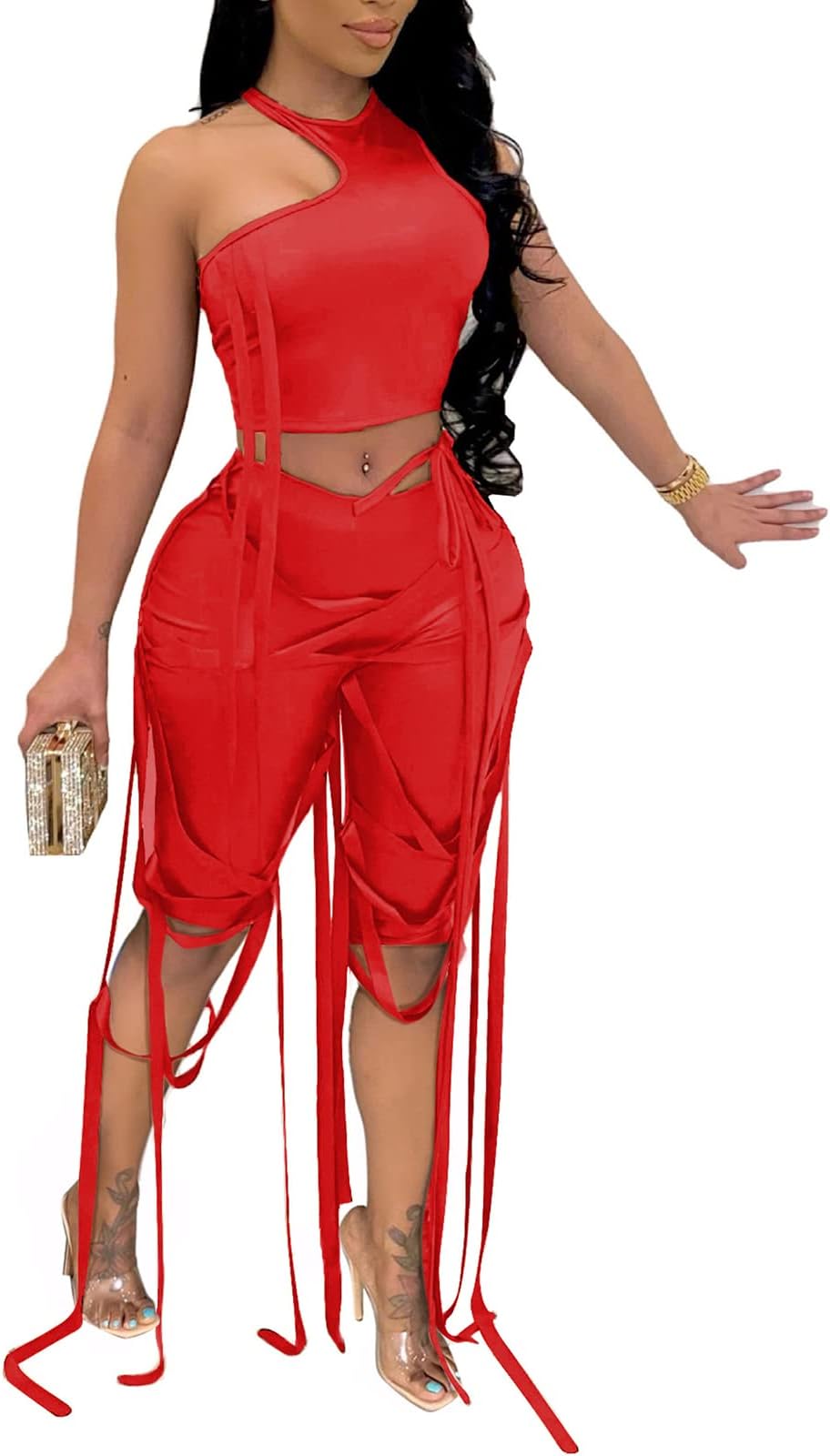 MESLIMA Women's Bandage 2 Piece Elastic Irregular Tank Top Solid Lace Up Bodycon Split Long Pant Sets Clubwear