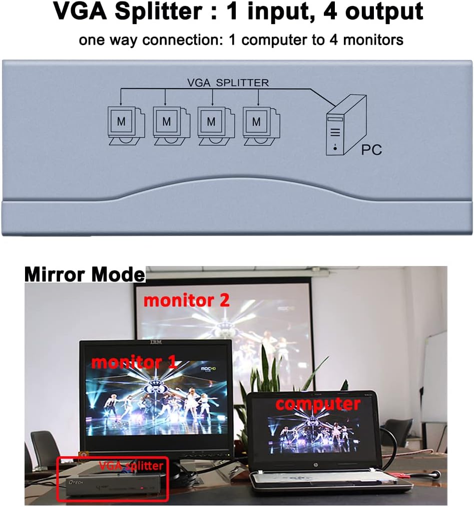 New Product DTECH Powered 1 in 4 out VGA Video Splitter Distribution Box Signal Copy with Power Adapter 500MHz High Resolution 1080p