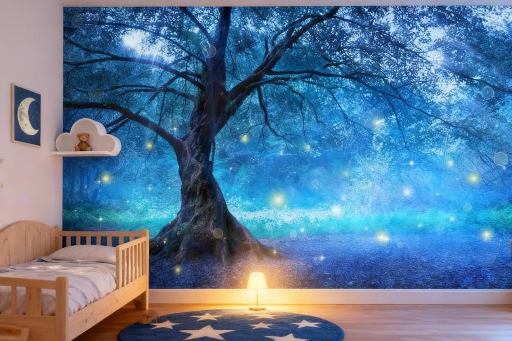 Blue Forest Wallpaper Fantasy Tree Wall Mural Wallpaper for Bedroom Living Room Dining Room Kids Room Bathroom Background Wall Decoration(Not Peel and Stick)