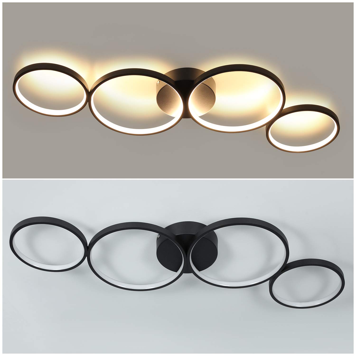 GBLY Lampa sufitowa LED nowoczesna 4 płomienie w optyce pierścieniowej | 3000k biała ciepła lampa sufitowa okrągła 37W wewnętrzna czarna lampa do salonu wykonana - salon przedpokój biuro gabinet