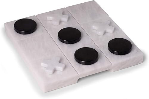 Miniatura 2 de Bey-Berk Juego de Tic Tac Toe de mármol, tablero blanco de 9 x 9 pulgadas con piezas de juego en blanco y negro, elegante juego de mesa auxiliar