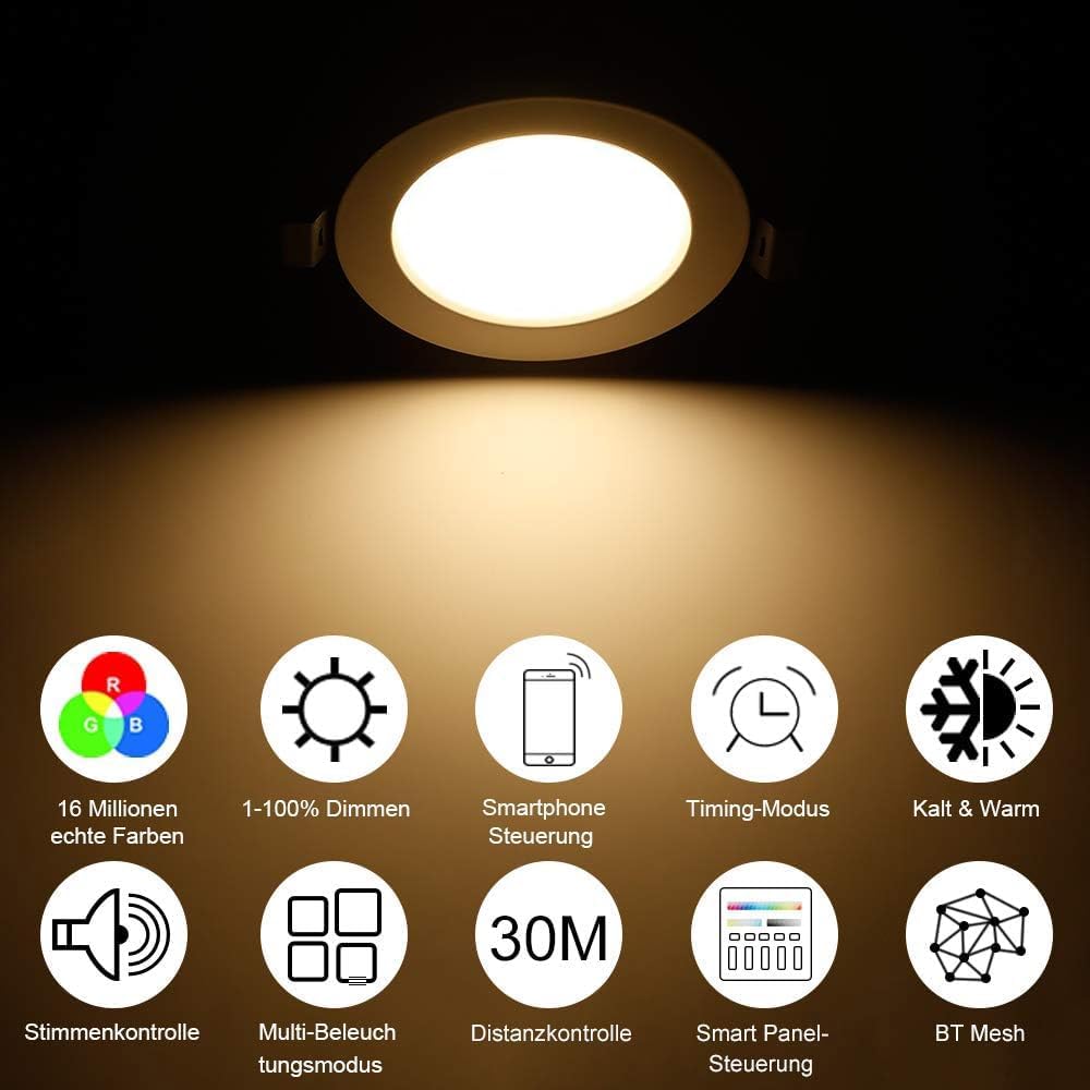 Einbaustrahler Led 10er Set, 5W 230V Smart Bridge + Bedienfeld | RGBCW Dimmbar, Mit Fernbedienung, Bluetooth/WLAN Steuerung per App, Mesh-Netzwerk