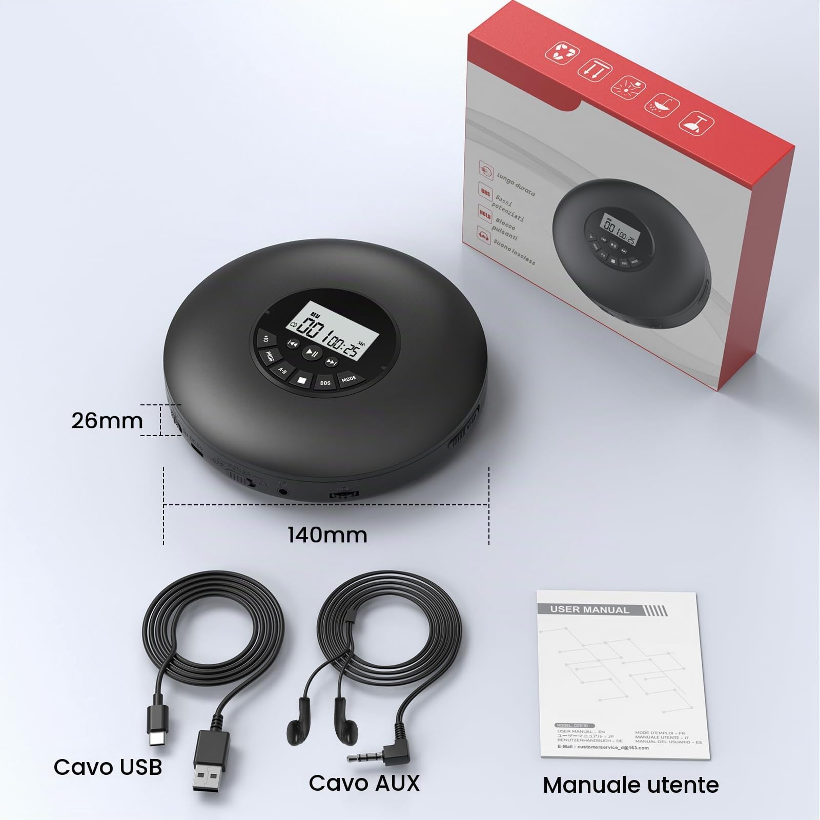 Arafuna Lettore CD portatile Compact Discman Personal Music Player Anti-Skip Protection Tracce programmabili Auricolari inclusi