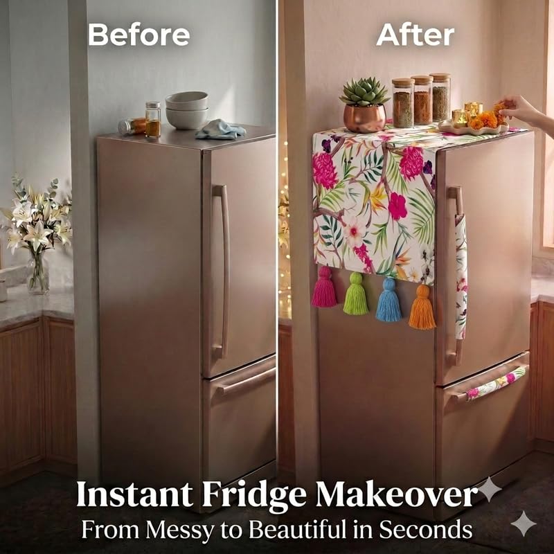 Image of Double Door Fridge Cover 400+L | 450 GSM Durable Fridge Top Cover with Tassels |Fits Godrej, LG, Haier, Samsung Models| Dustproof Refrigerator Cover Mat in Floral Print | WWW.THROWPILLOW.IN