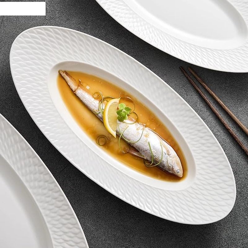 Plato de Pescado de cerámica con Textura escamosa, Plato de Postre Ovalado, Plato de Dim Sum, Plato de Sushi, vajilla, Platos para la Cena (tamaño único de 19,4 Pulgadas)