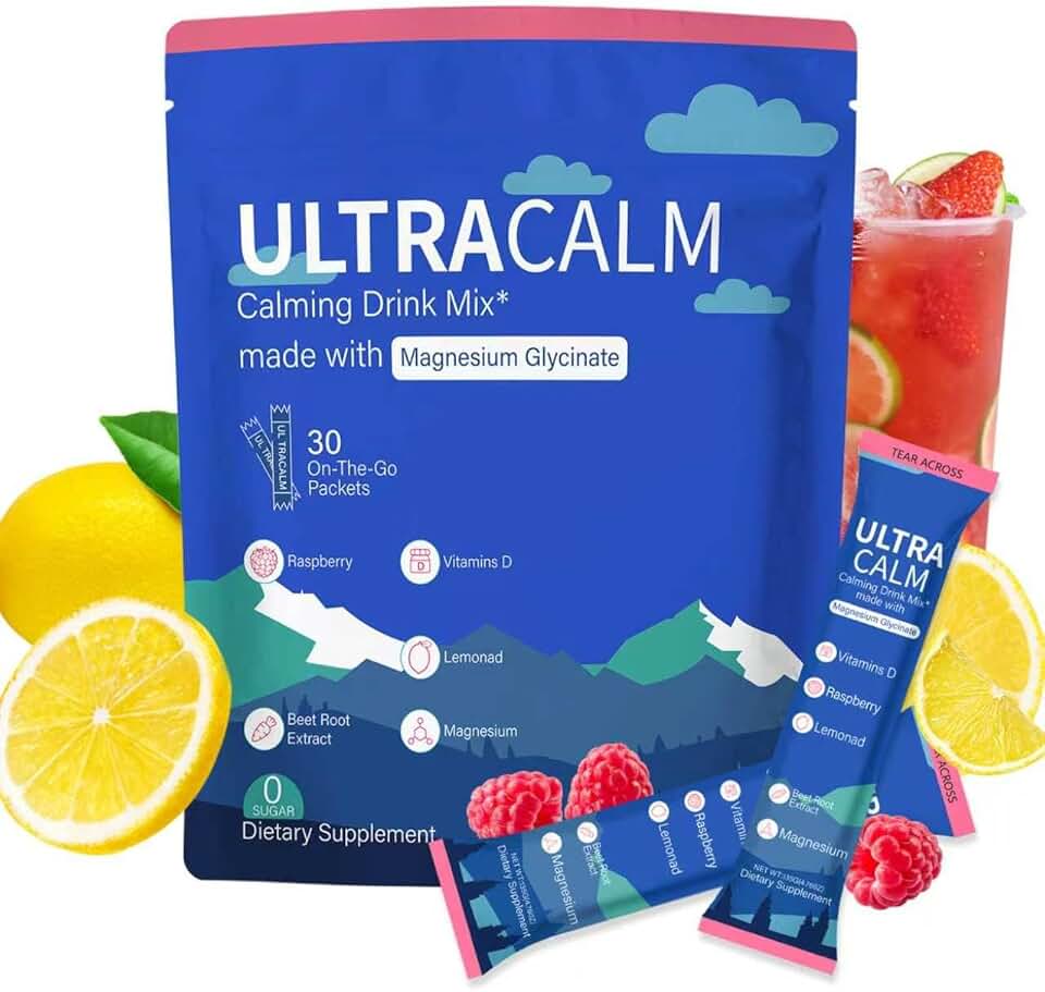 UltraCalm Calm Drink Packets, Sugar Free Raspberry Lemonade, Stress Relief &amp; Focus Support with Magnesium, Non-GMO Vegetarian, 30 Servings