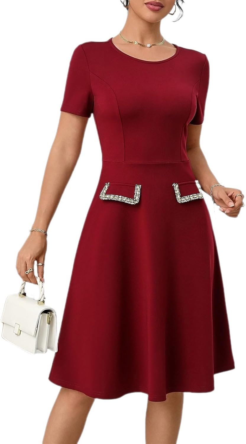 BARASA Women's Short Sleeve Dress Spring Graceful Pocket Trim Business Formal Bodycon Round Neck Midi Dresses