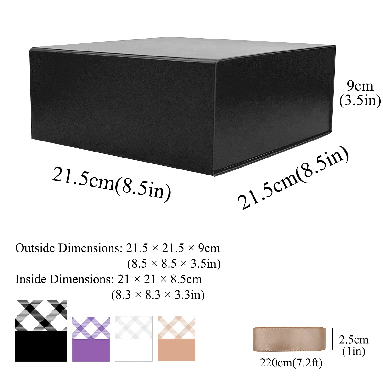 Tekhoho Black Small Gift Box with Lid 8.5x8.5x3.5in, Premium Present Box for Gifts, Magnetic Gift Boxes with Ribbon for Anniversary Wedding Birthday Gift Packaging, Plaid Lining