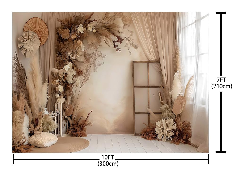 AIBIIN 3x2,1m Toile de fond florale bohème pour photographie de mariage, anniversaire, fête rétro, mur bohème, feuillage séché, pampa, décor de portrait de femme enceinte, fournitures photo