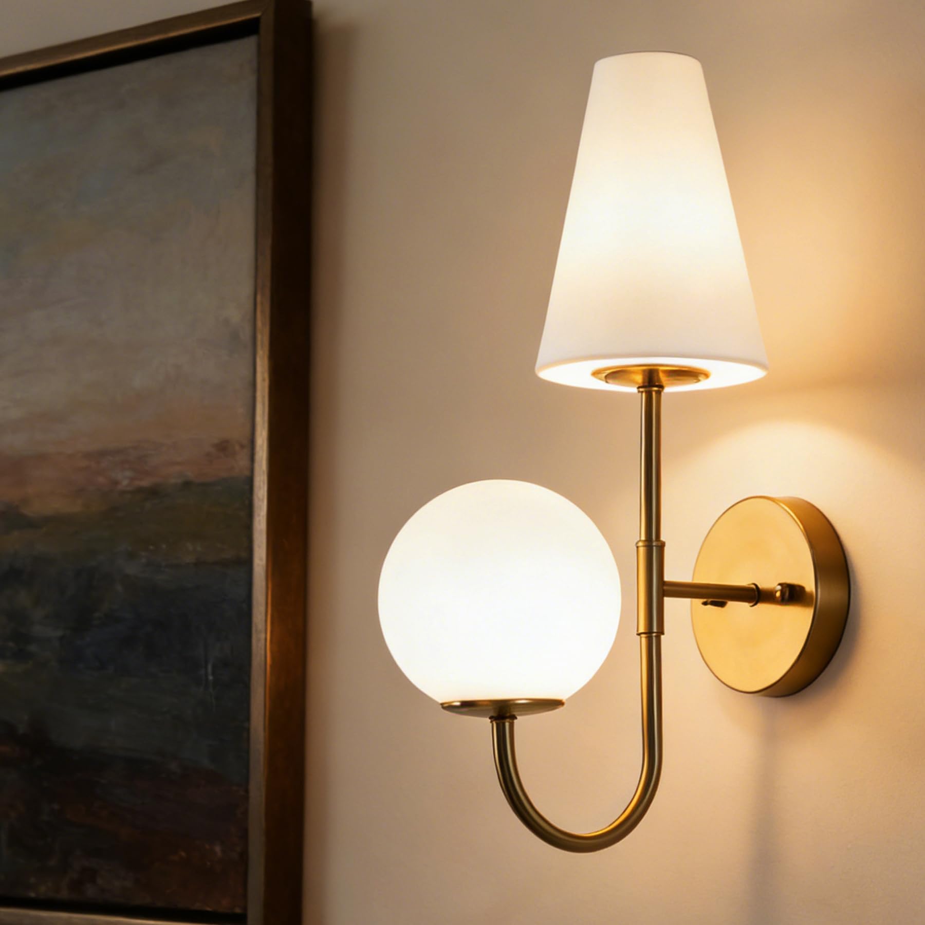Tribesigns Aplique de pared para interiores, lámpara de pared dorada con pantalla de vidrio esmerilado, aplique vintage para dormitorio, pasillo y salón, bombillas E14x2 incluidas