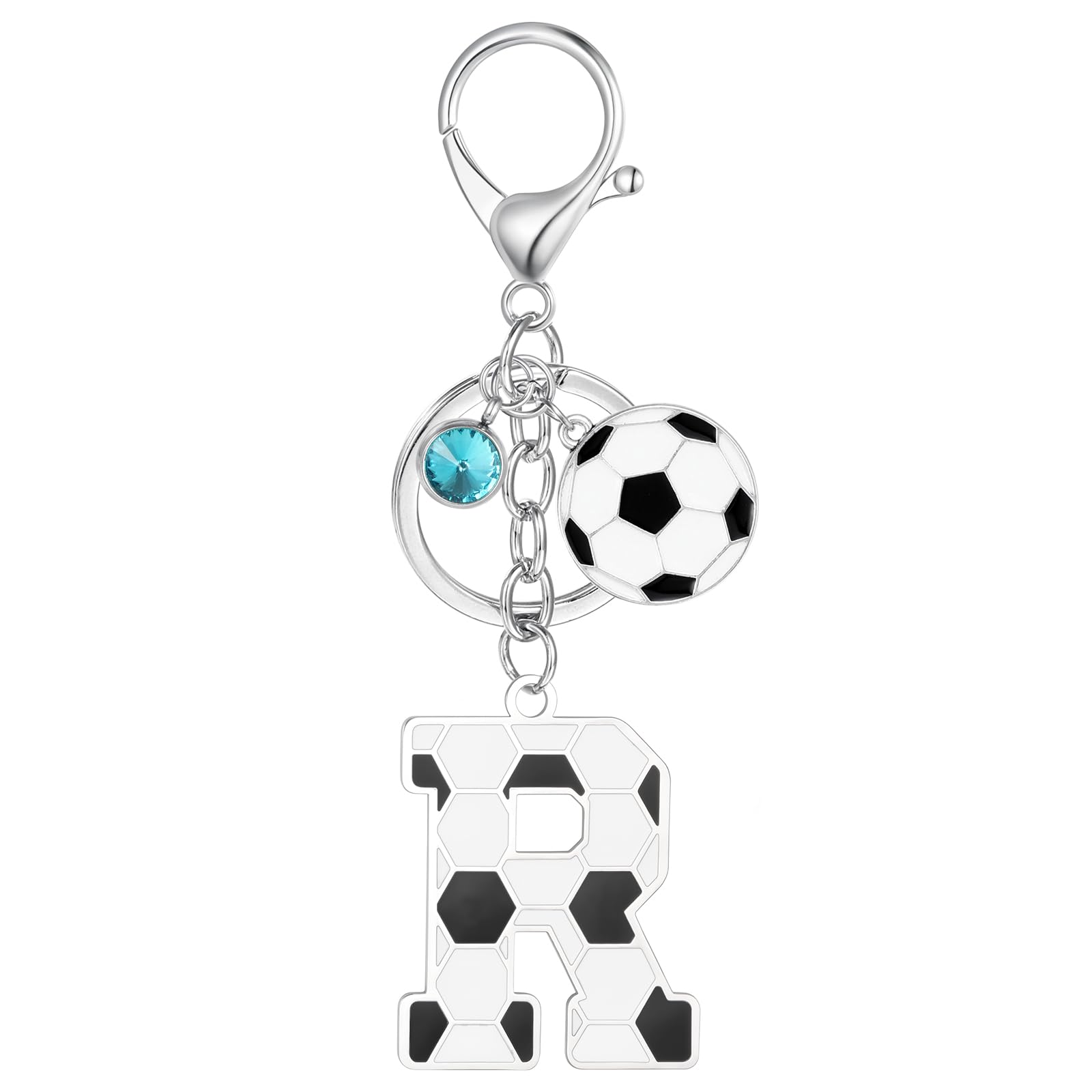 MWOOT Football Alphabet Initial Letter Keychain, Soccer Design Name Keyring with Rhinestone Football Pendant for Boys Girls, Soccer Lovers Keyring Gifts for Door Car Key Backpack Decor(R)