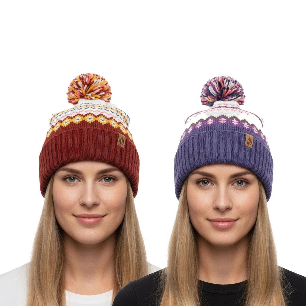 A2z Women's 2 Pack Hats Thermal Sherpa Lined Nordic Bobble Beanie Pom - Hat Lh3052 One Size