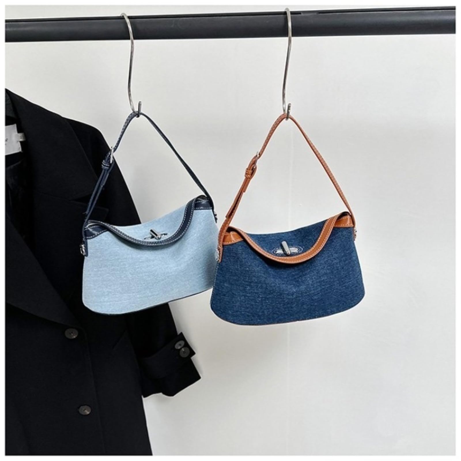 Bolso Mujer Hobo De Hombro Diario para Las Mujeres Denim Azul Claro con Cremallera Gran Capacidad Decoración Oscura-Blue