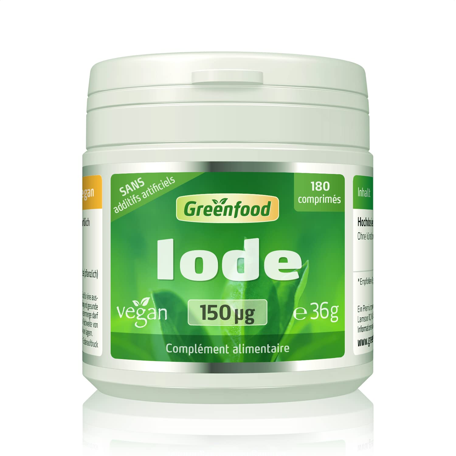 Greenfood Iode, 150 μg, 180 comprimés, vegan - important pour un métabolisme énergétique normal. SANS additifs artificiels. Sans organisme génétiquement modifié.
