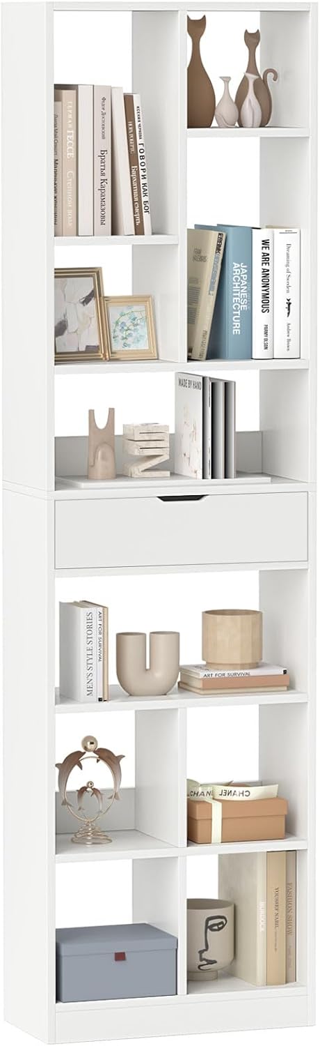 Giantex 71" Bookcase with Drawer, Tall Freestanding Bookshelf with 10 Open Cubes, Floor Display Shelving Unit, Modern Storage Organizer for Living Room, Bedroom, Study, White