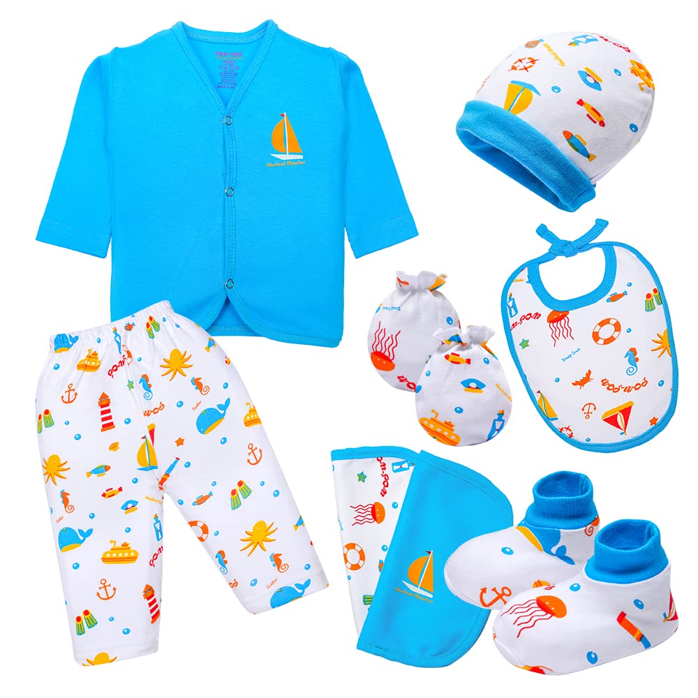 pom-pom SWEET HEARTSpom-pom SWEET HEARTS 100% Cotton Hosiery Newborn Baby Gift Set – Clothing Gift Pack of 8 for Boys & Girls – FullSleeve T-Shirt, Pant/Pajama, Mittens, Bootees, Cap, Bib, Washcloth – Blue (New Born)
