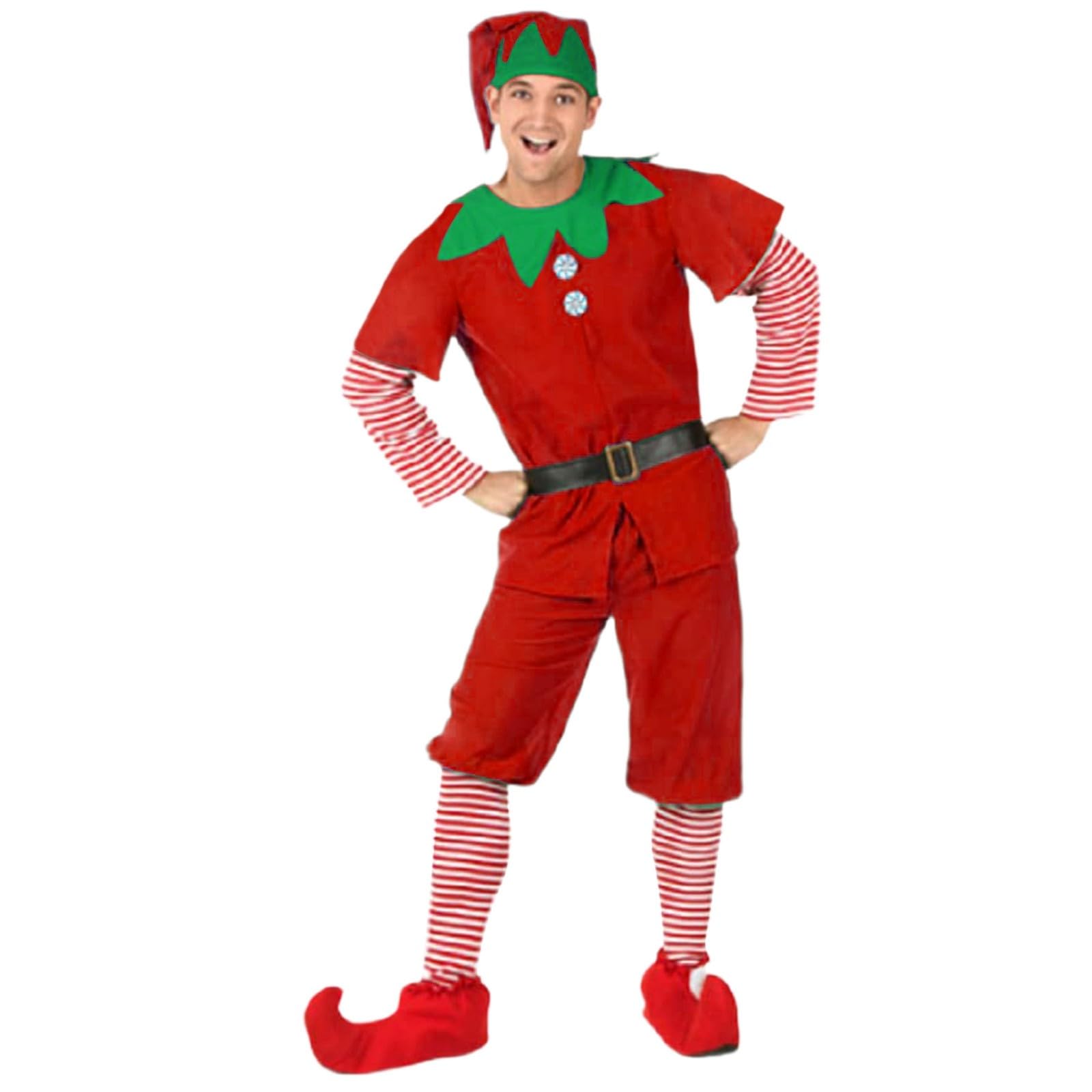 Christmas Elf Costume Women Men Christmas Costume Fancy Dress Short Sleeve Dress Pants Over The Kneel with Hat Belt and Socks