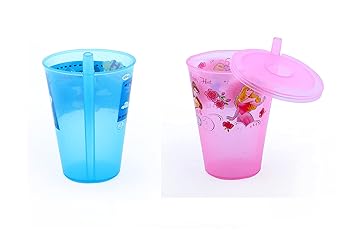 XSOURCE Kid School Accessories Sipper Glass with Straw & Lid(Cap) Infants for Milk and Drink Water for Travel Use Peach Ice Cream Sipper Water Bottle 200ml Multicolour(Set of 2)
