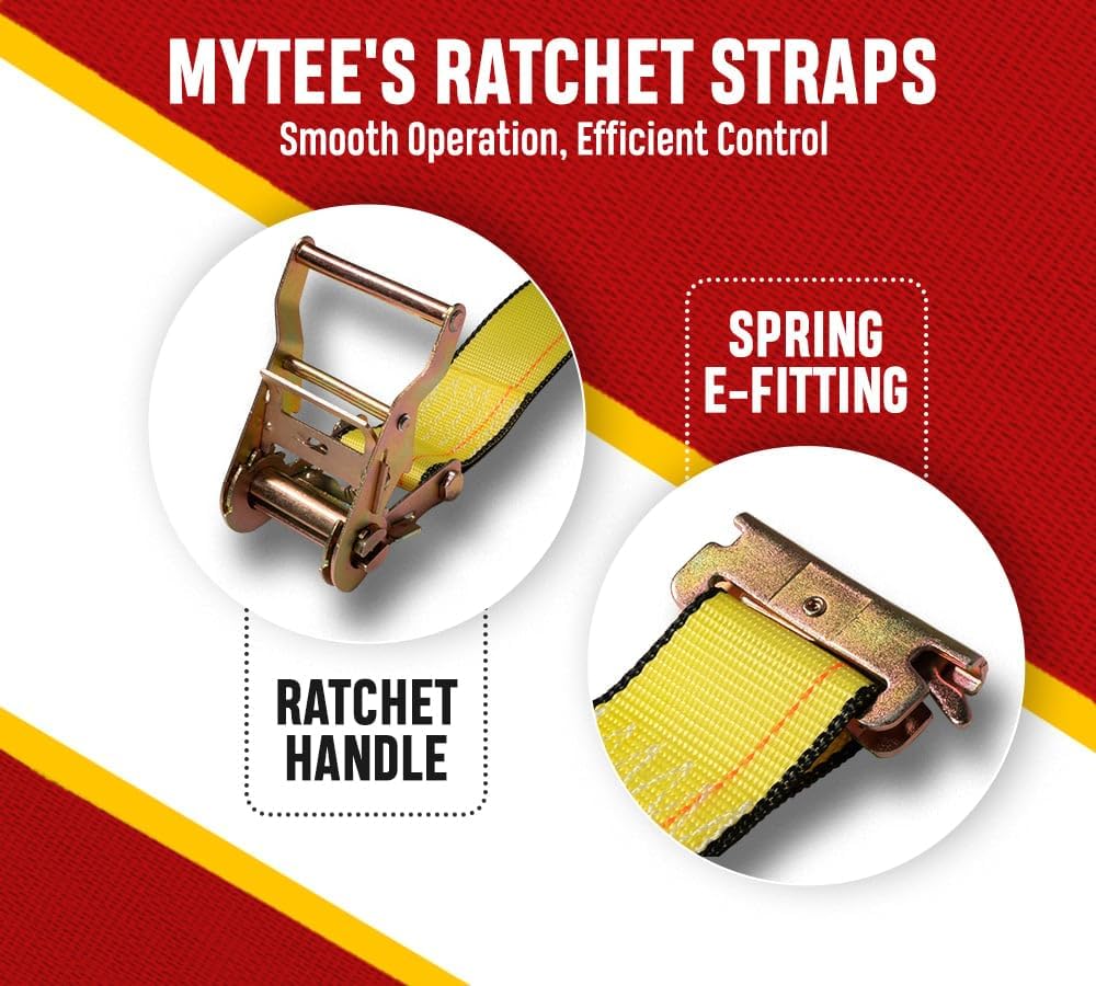 Mytee Products 2 Pack 2'' x 12' E Track Ratchet Straps with Spring E-Fittings, 4000 lbs - Yellow Heavy Duty Etrack Ratchet Tie Down Strap for Enclosed Trailers, Trucks & Vans