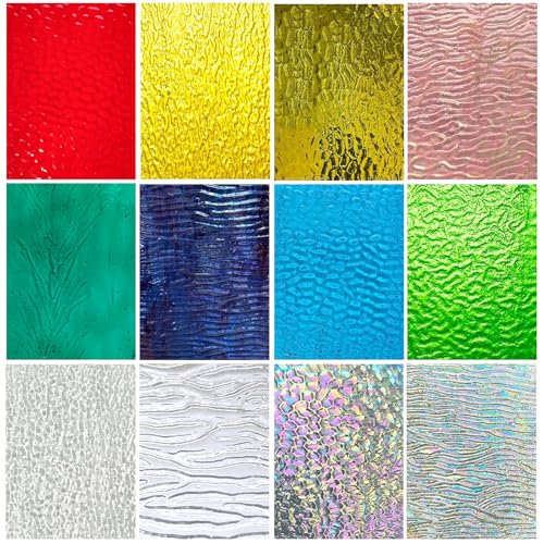 12 hojas de vitrales, vidrieras onduladas de 4 x 6 pulgadas, suministros de vidrieras para proyectos de vidrieras, variedad de mosaicos, vidrio de colores, vidrio de catedral surtido para decoración