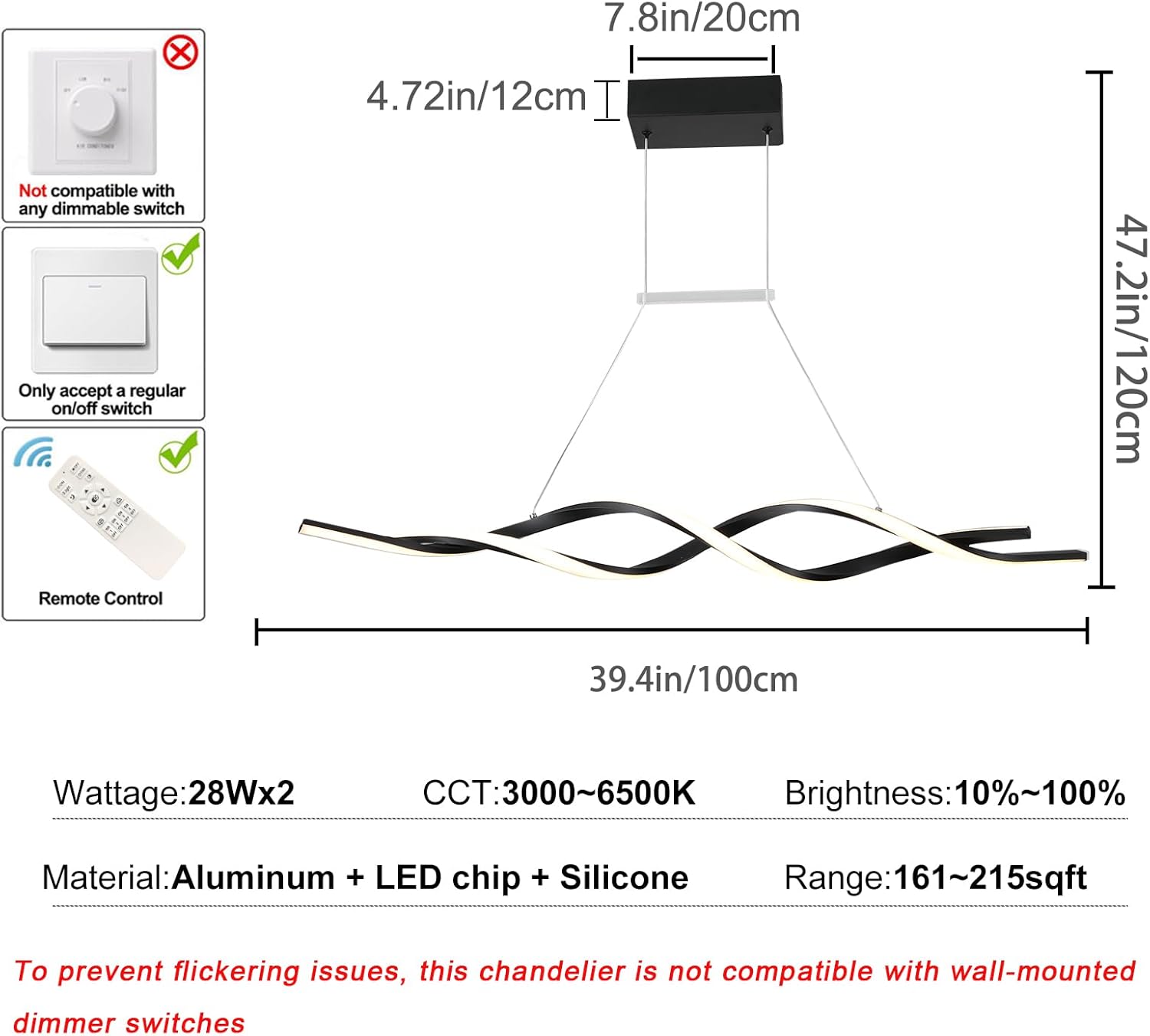 Jaycomey Modern Chandelier for Dining Room Dimmable LED Pendant Light with Remote Control, Acrylic Wave Chandeliers Adjustable Hanging Chandeliers for Bedroom Kitchen Living Room,3000K-6000K,28W,Black