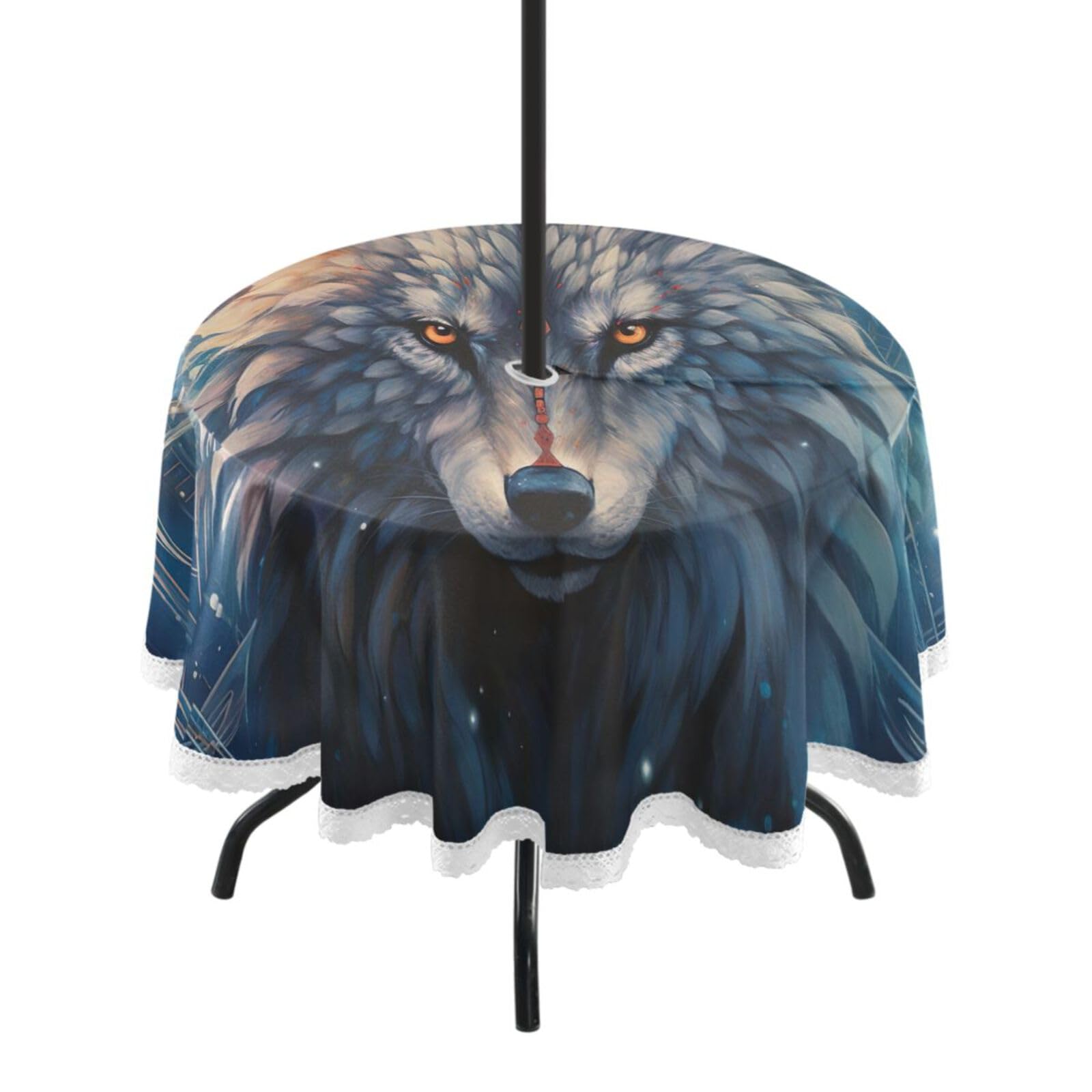 Wajiw 60 Inch Indoor Outdoor Round Tablecloth with Umbrella Hole and Zipper Waterproof Patio Table Cover for Camping Dining Room Party Outdoor Picnic,Wolf