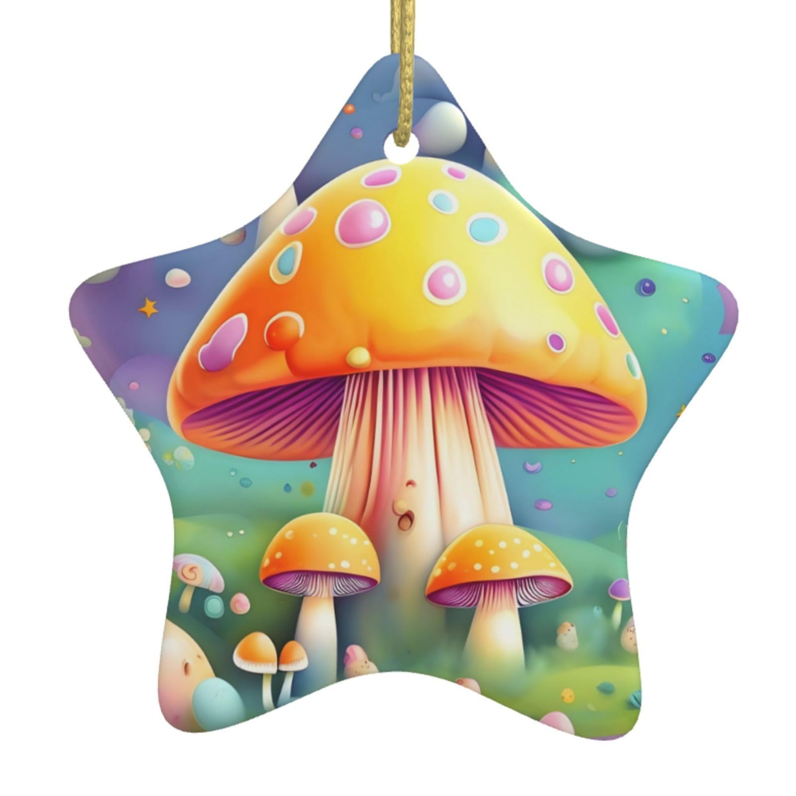 Fantasy Dream Mushroom Christmas Ceramic Star Pendant with Punched Holes and Gold Wire Rope, Christmas Tree Home Decoration