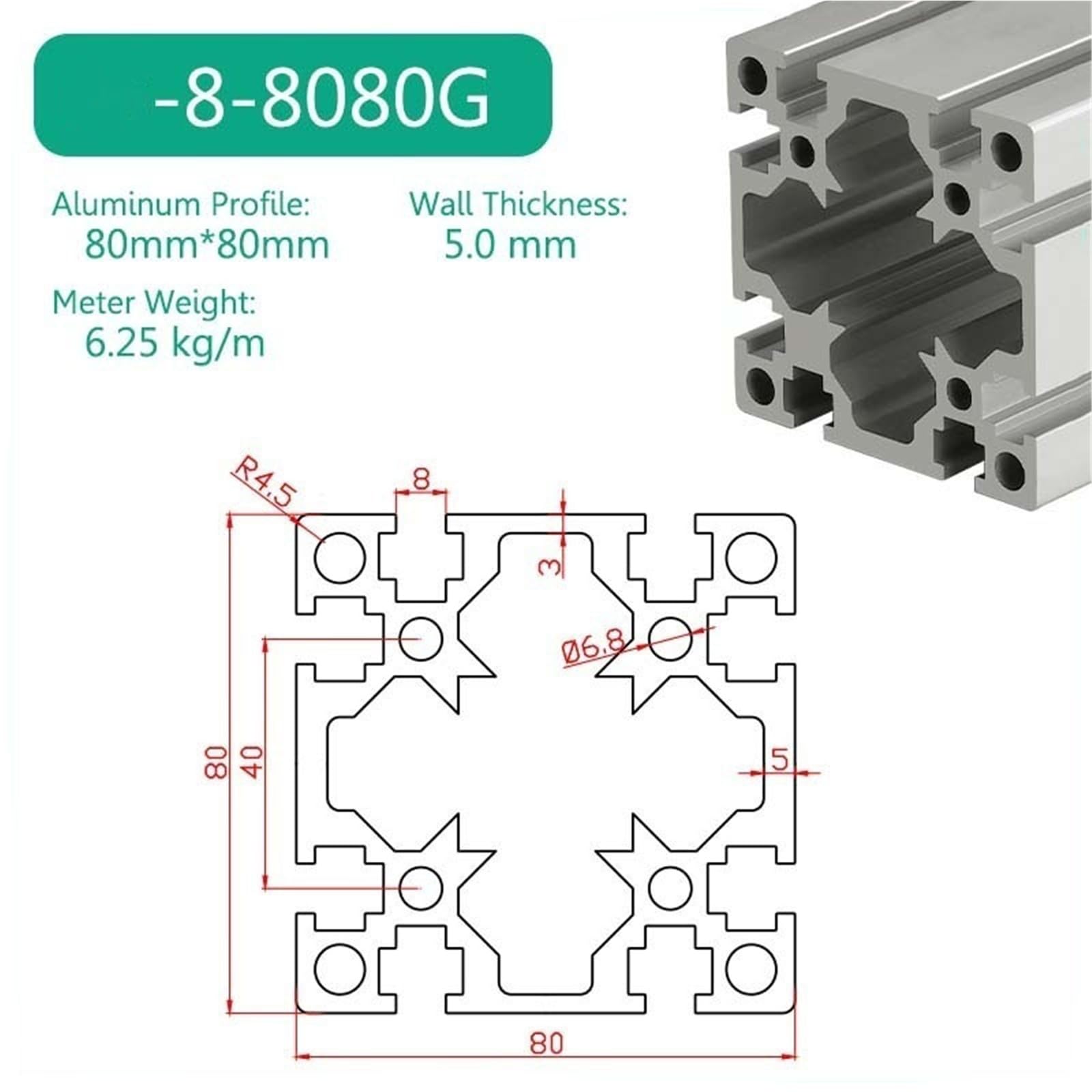 GTPBAO Profili estrusi in alluminio 8080 Profilo anodizzato argento 80x80mm Telaio tubolare quadrato for impieghi gravosi for piattaforma industriale Binario estruso(550mm 21.65" long)