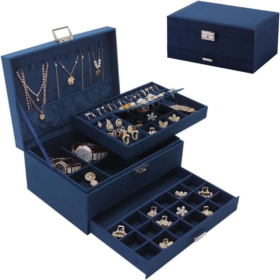 Image of KRISHYAM 3-Layer Velvet Jewelry Storage Box with Lock - Multi-Compartment Organizer Case for Rings, Earrings, Bracelets, Necklaces & Watches (Blue)