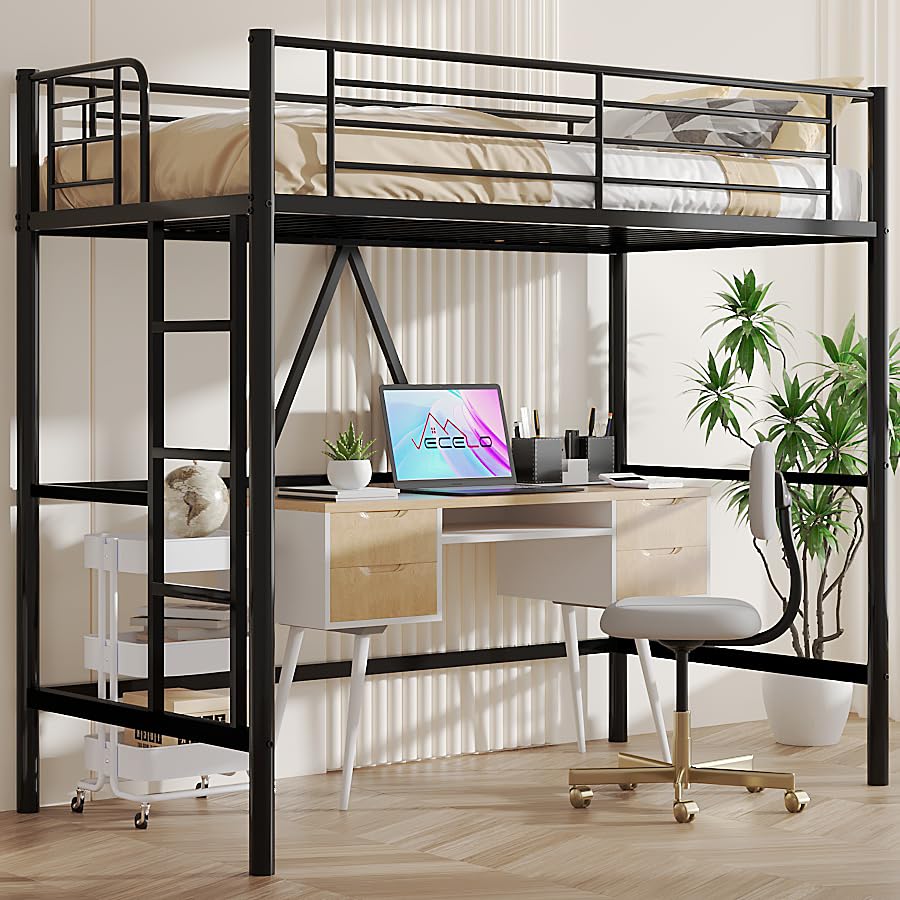 VECELO Metal Loft Bed Twin Size with Removable Ladder and Safety Guardrail, No Box Spring Needed, Space Saving, Noise Free, Black