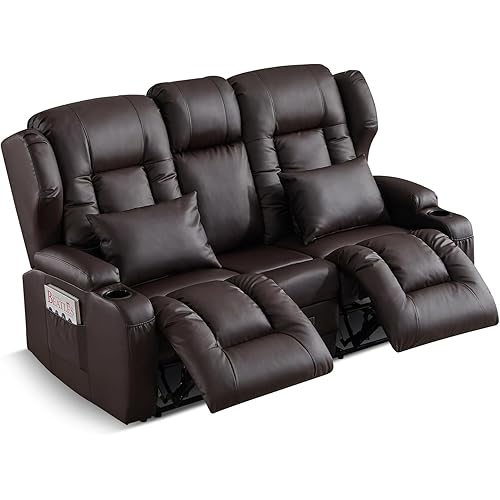 SAMERY 68" RV Loveseat Recliner Sofa, 6" Wall Hugger Reclining Loveseat with Flip-Down Console, Manual Faux Leather Recliner Sofa Couch for Living Room RV Theater Seating with Cup Holder