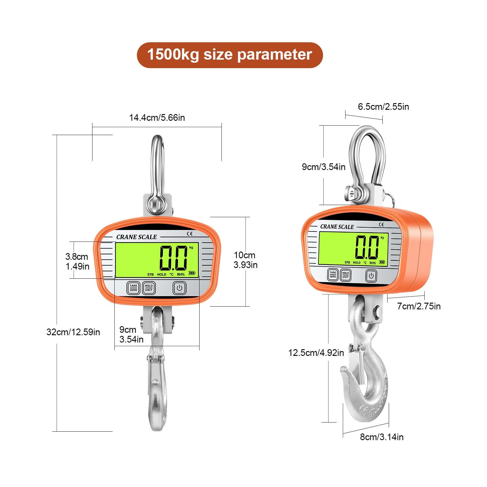 Naroote Báscula de Grúa Digital LCD Retroiluminada Báscula Colgante de Alta Precisión con Control Remoto Función de Temperatura y Humedad para Construcción de Pesca Industrial (1500KG)