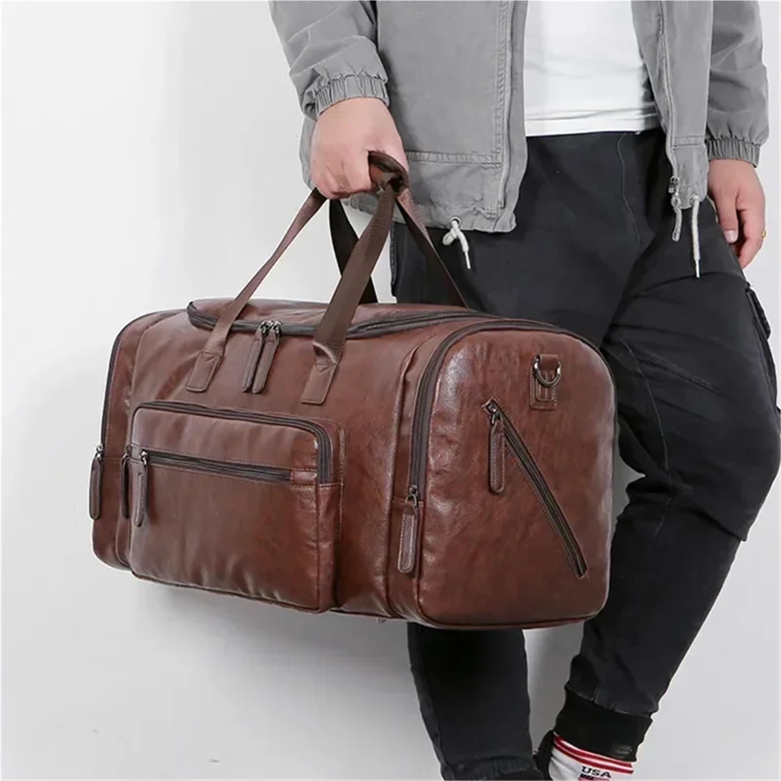 Borsone da Viaggio Pelle Borsa da viaggio for uomo d'affari di grande capacità, retrò, in pelle PU, con tracolla, for esterni(Black 1)