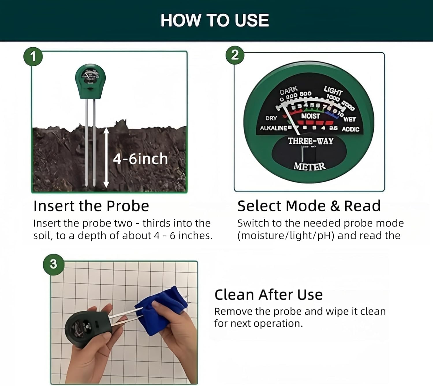 Testeur d'humidité du sol, détection de l'illumination 3 en 1, valeur du pH, testeur de pH du sol multifonctionnel, idéal pour le jardin, la pelouse, la ferme, une utilisation en intérieur et en