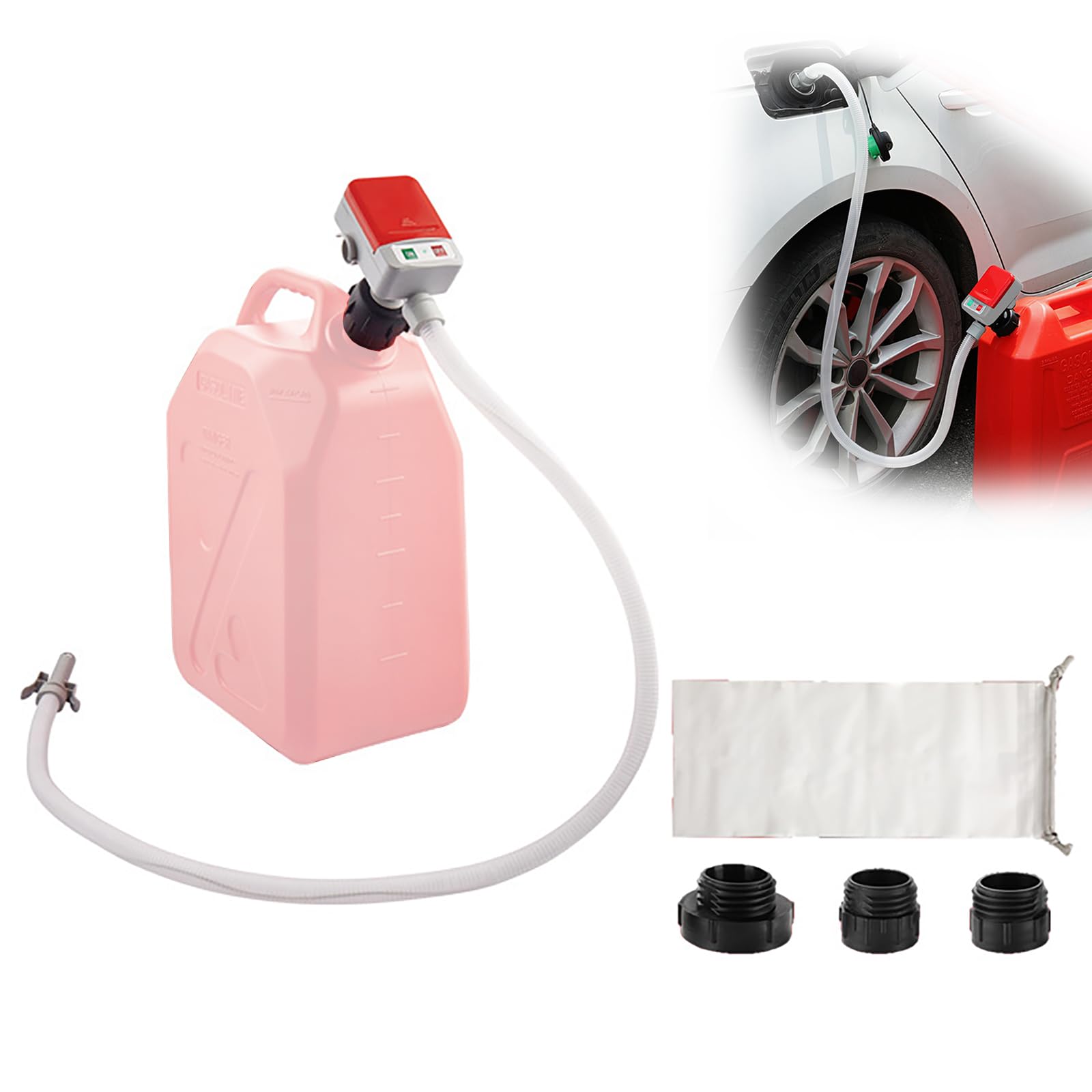 Bomba de Transferencia de Combustible con Parada Automática, Sifón Eléctrico de Alto Flujo 2.4 GPM para Gasolina, Diésel, Aceite y Agua, Portátil para Bidones de 5 Gal, Incluye 3 Adaptadores